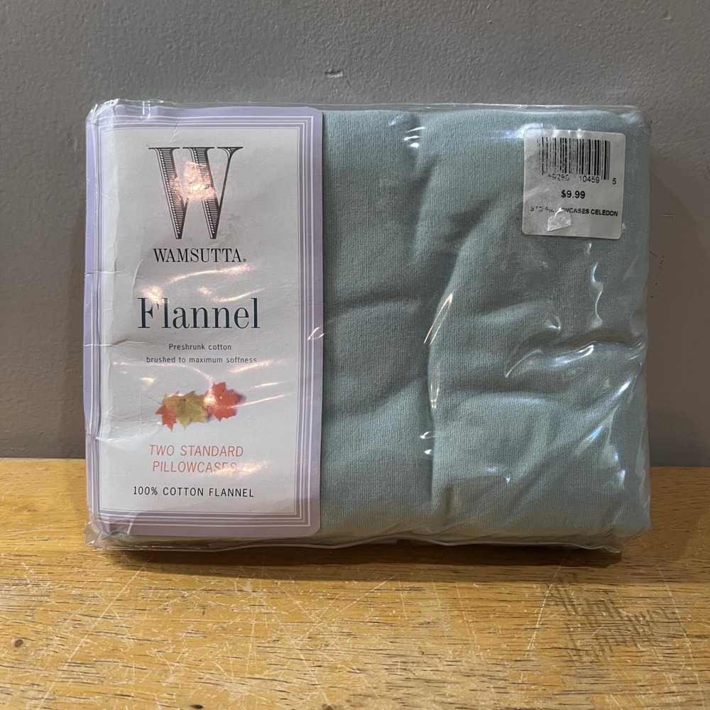 Vtg Wamsutta Flannel Pillowcases Set of 2 Standard 100% Cotton Celedon Green NEW